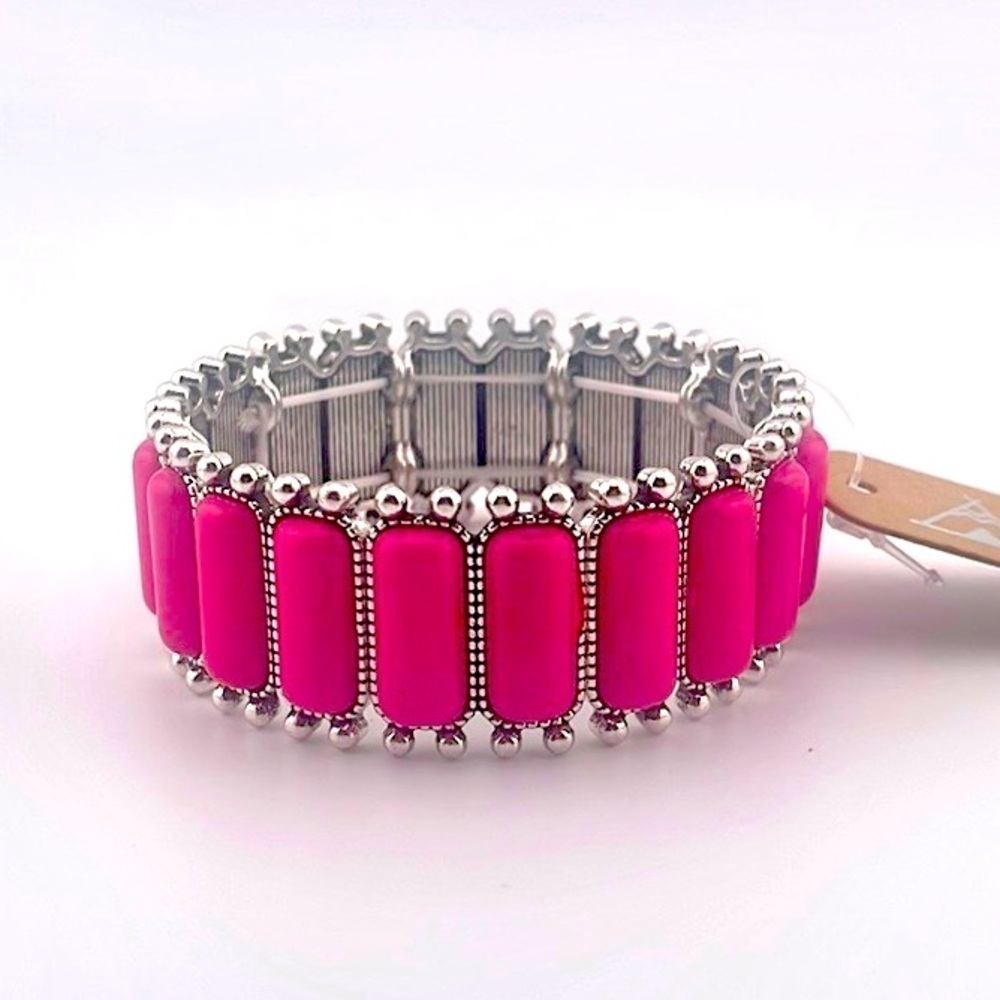 pink Elastic Stretch Bracelet Silver Accented
